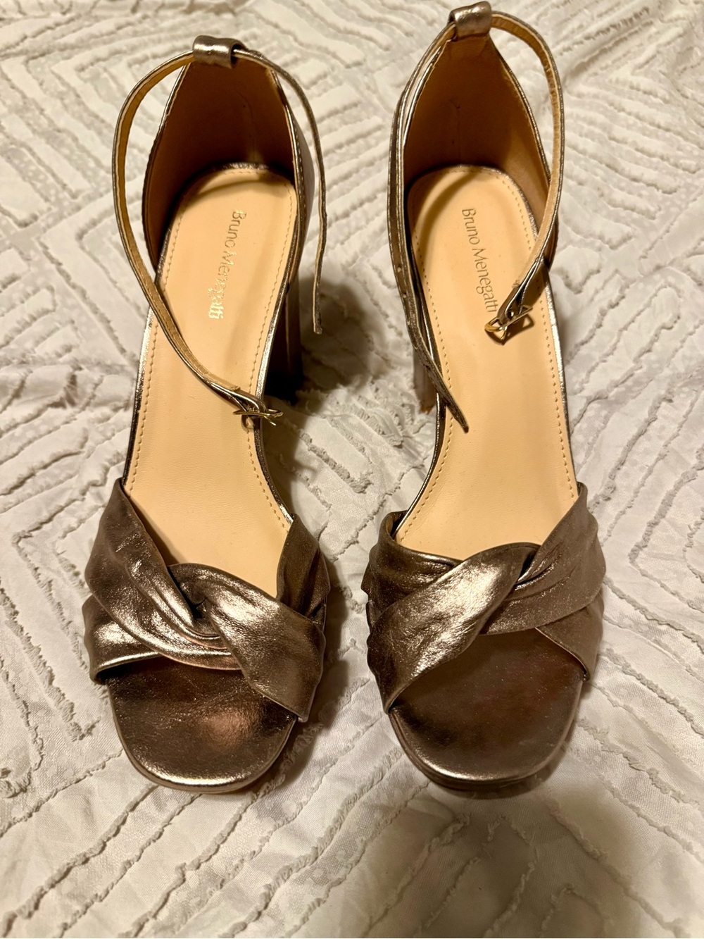 Bruno Menegatti Metallic Bronze Knot Front Ankle Strap Sandals